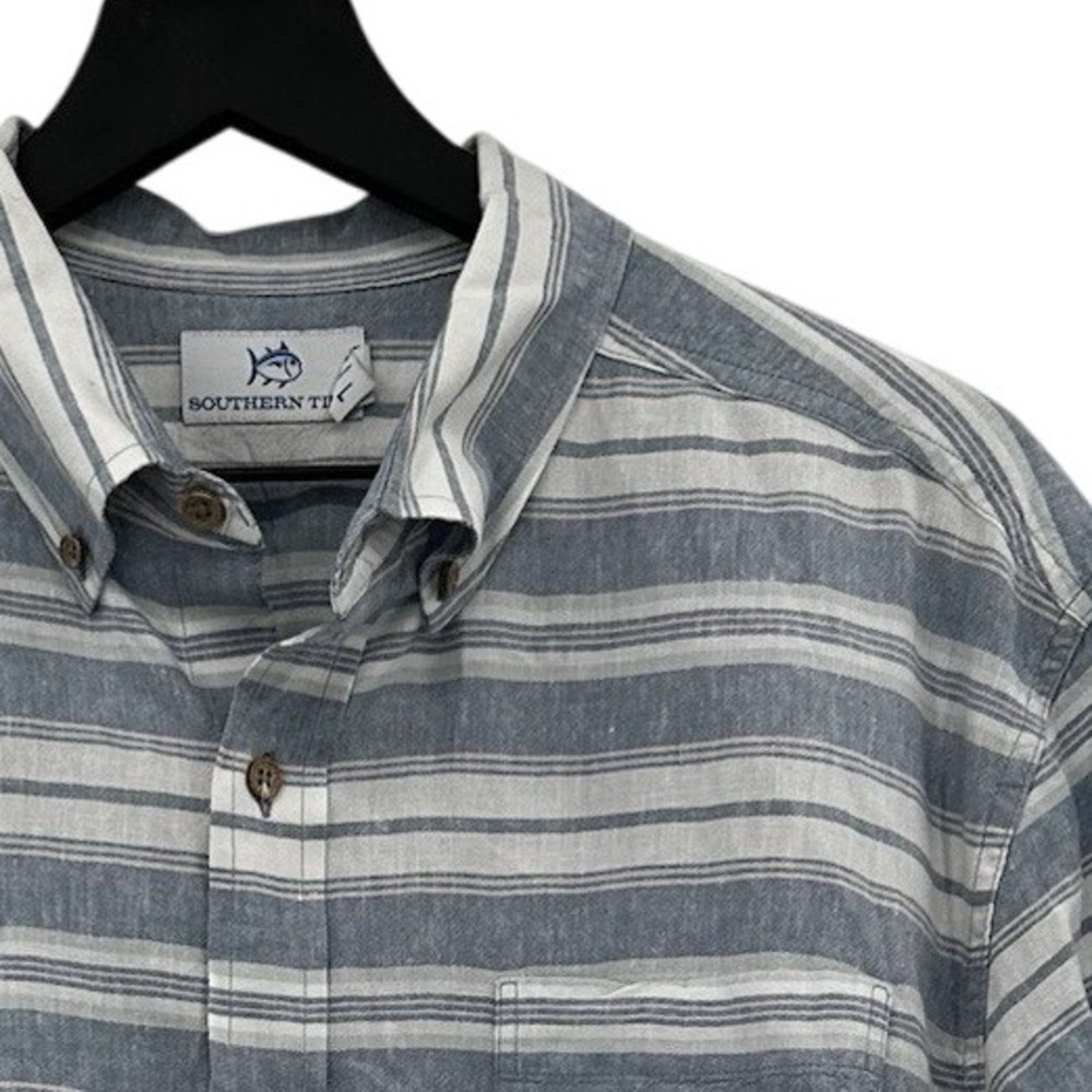 Southern Tide Gray  Striped Short Sleeve Button-Up Linen Blend Shirt Men's Large